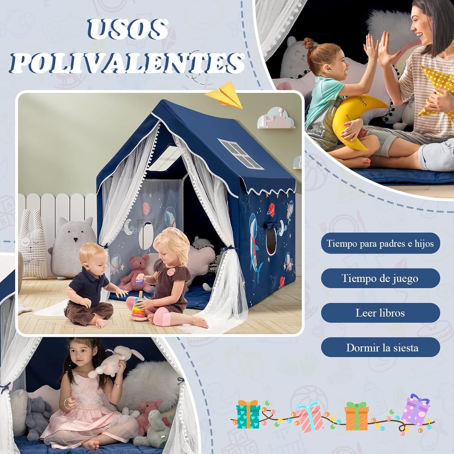 Tienda Campaña Infantil Costway  121 X 105 X 137 Cm Azul Ventanas De Malla Transpirable