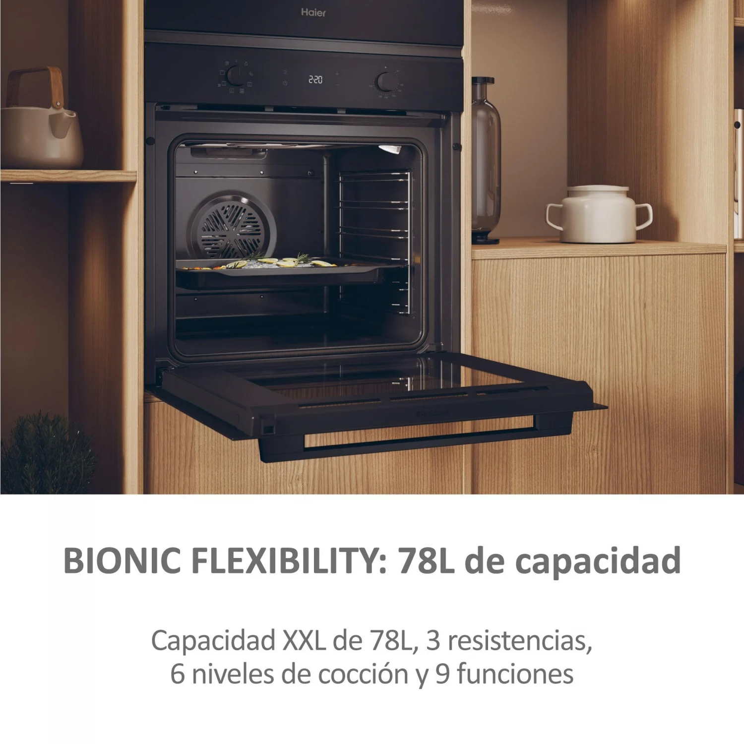 Horno Multifunción Haier H6 ID2P3T1HTB, 3.3 kW, 78 L, Apertura Abatible, 9 Funciones de Cocción, Eficiencia A+ - Negro