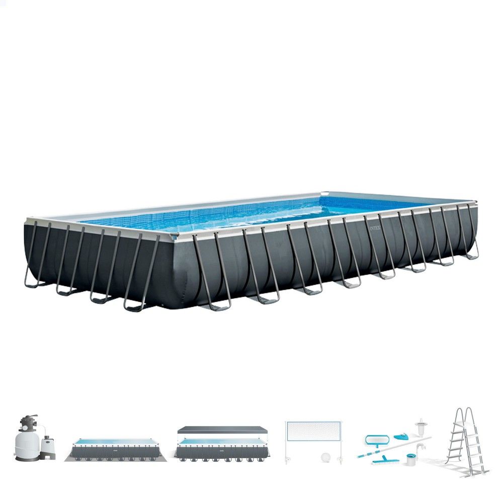 Piscina Desmontable Tubular Rectangular Pvc 975x488x132 Cm Gris Oscuro Intex Con Depuradora