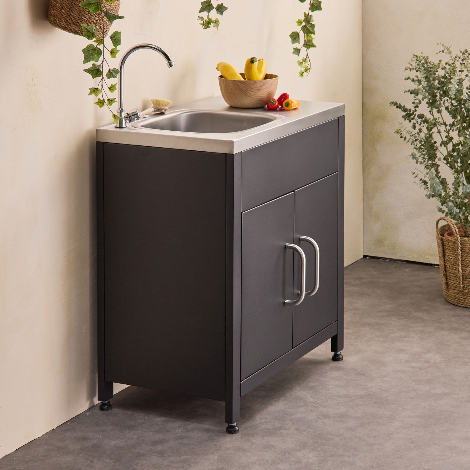 Cocina Exterior De Acero Con Fregadero De 80cm, Negro