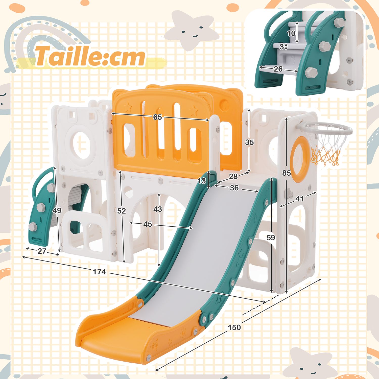 Tobogán Infantil 6 En 1 - Compuesto Por Tobogán, Canasta De Baloncesto, Escalera, Túnel Y Dos Espacios - Verde