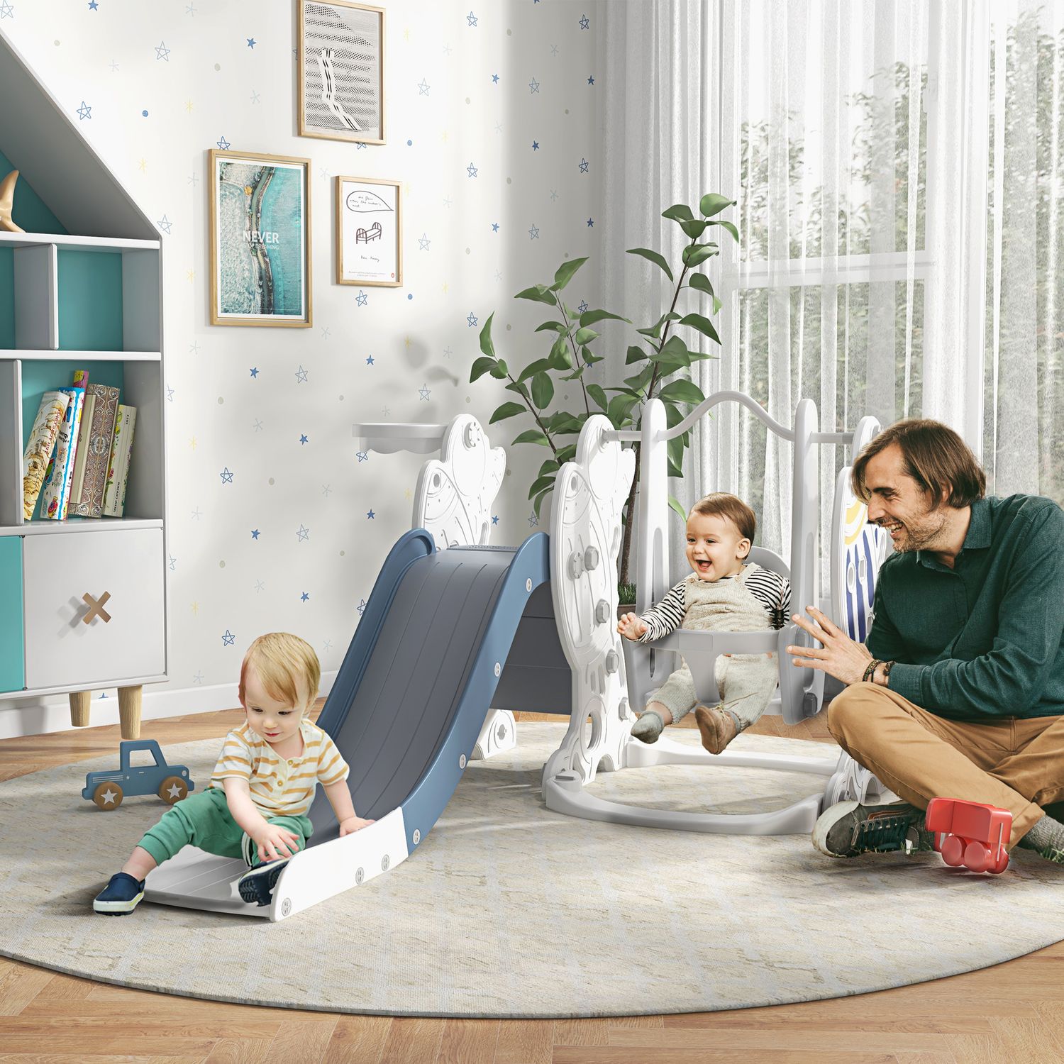 Juego De Tobogán Y Columpio Para Niños 3 En 1 Blanco Y Azul Aiyaplay