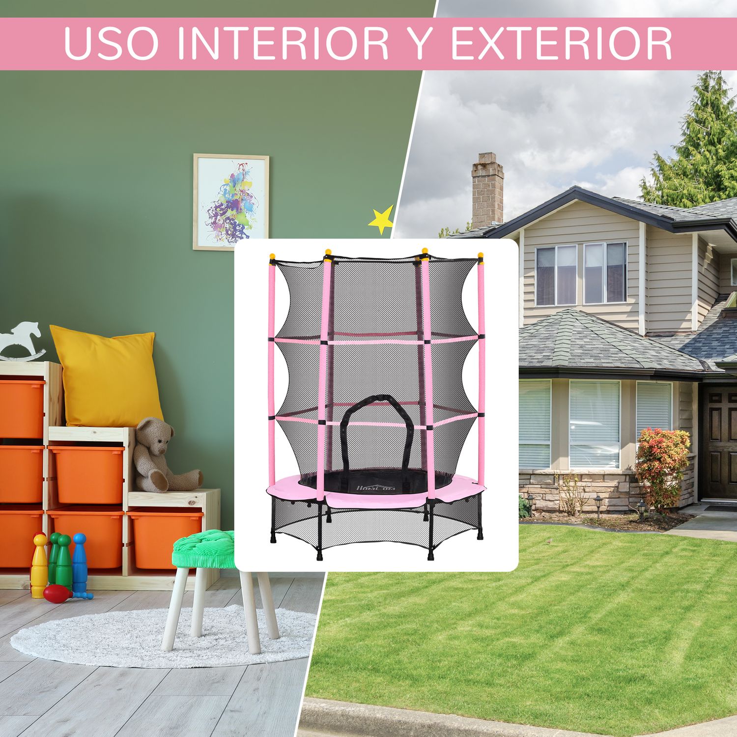 Cama Elástica Infantil Ø140 Cm Con Red De Seguridad Rosa Homcom