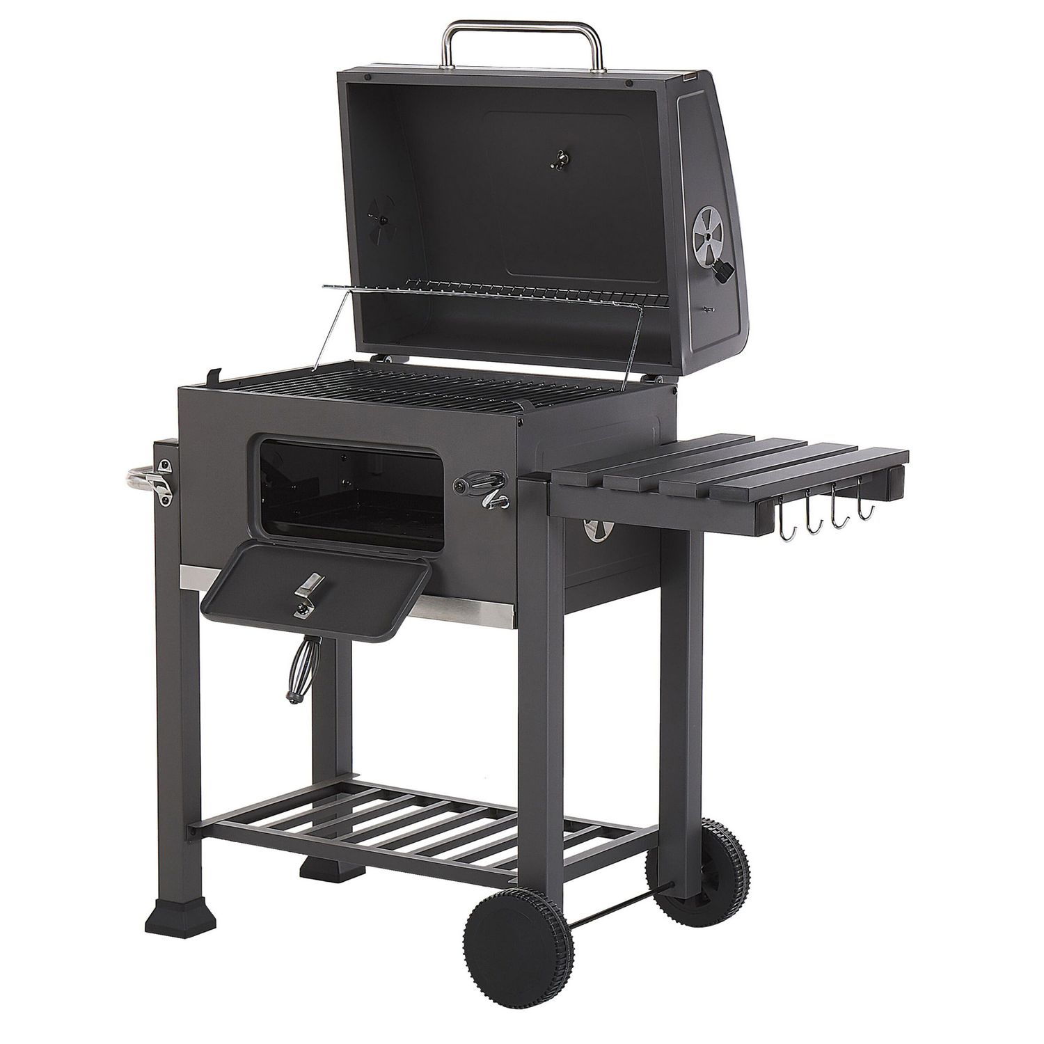 Barbacoa De Carbón Parrilla De Acero Gris Con Tapa Rejilla Ruedas 2 Estantes Termómetro Cenicero Extraíble Jardín Pavlof - Gris