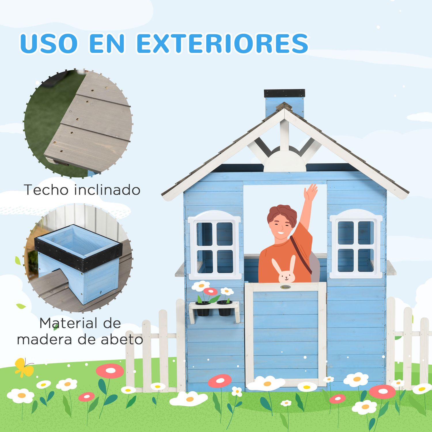 Casita Infantil De Madera Con Puerta Ventanas Macetas Azul Outsunny