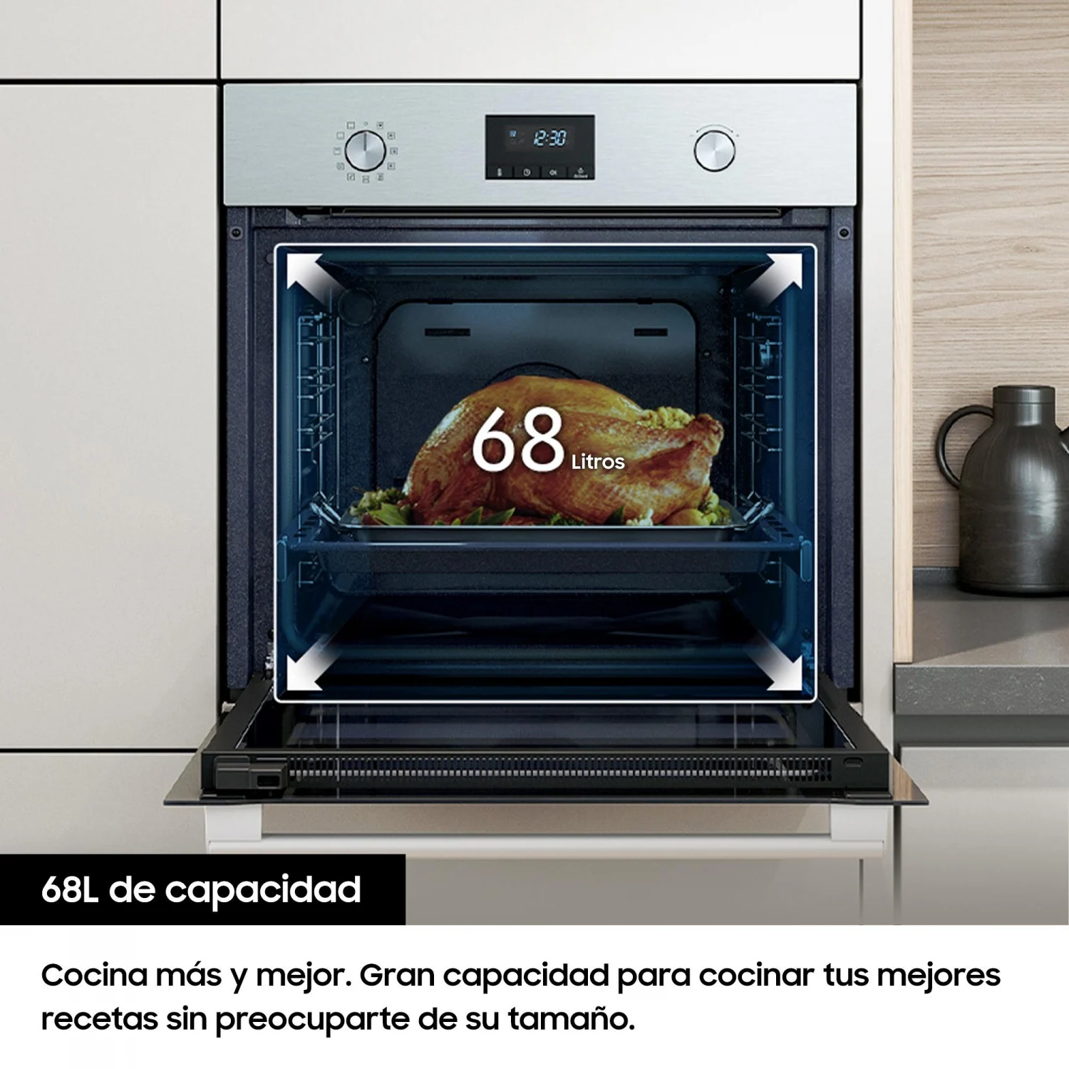 Horno Multifunción Samsung A NV68A1170BS, 1.8 kW, 68 L, Apertura Abatible, 7 Funciones de Cocción, Eficiencia A - Inox