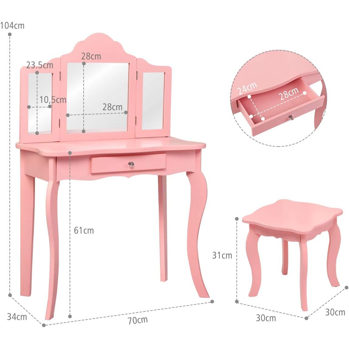 Tocador Con Taburete Y Espejo Para Niña De Mdf Y Madera Mesa Costway 70 X 34 X 103 Cm(rosa)