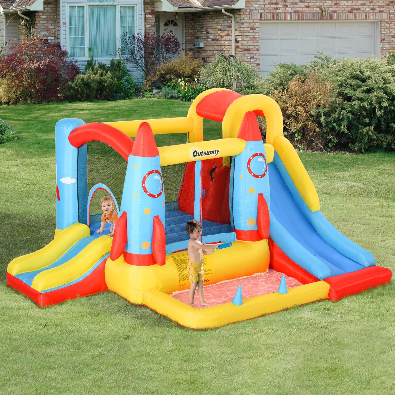 Castillo Hinchable Con 2 Toboganes Cama De Salto Multicolor Outsunny