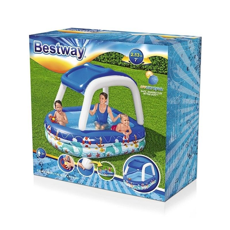 Bestway Piscina Hinchable Infantil Techo Desmontable Barco Con Volante 213x155x132 Cm +3 A
