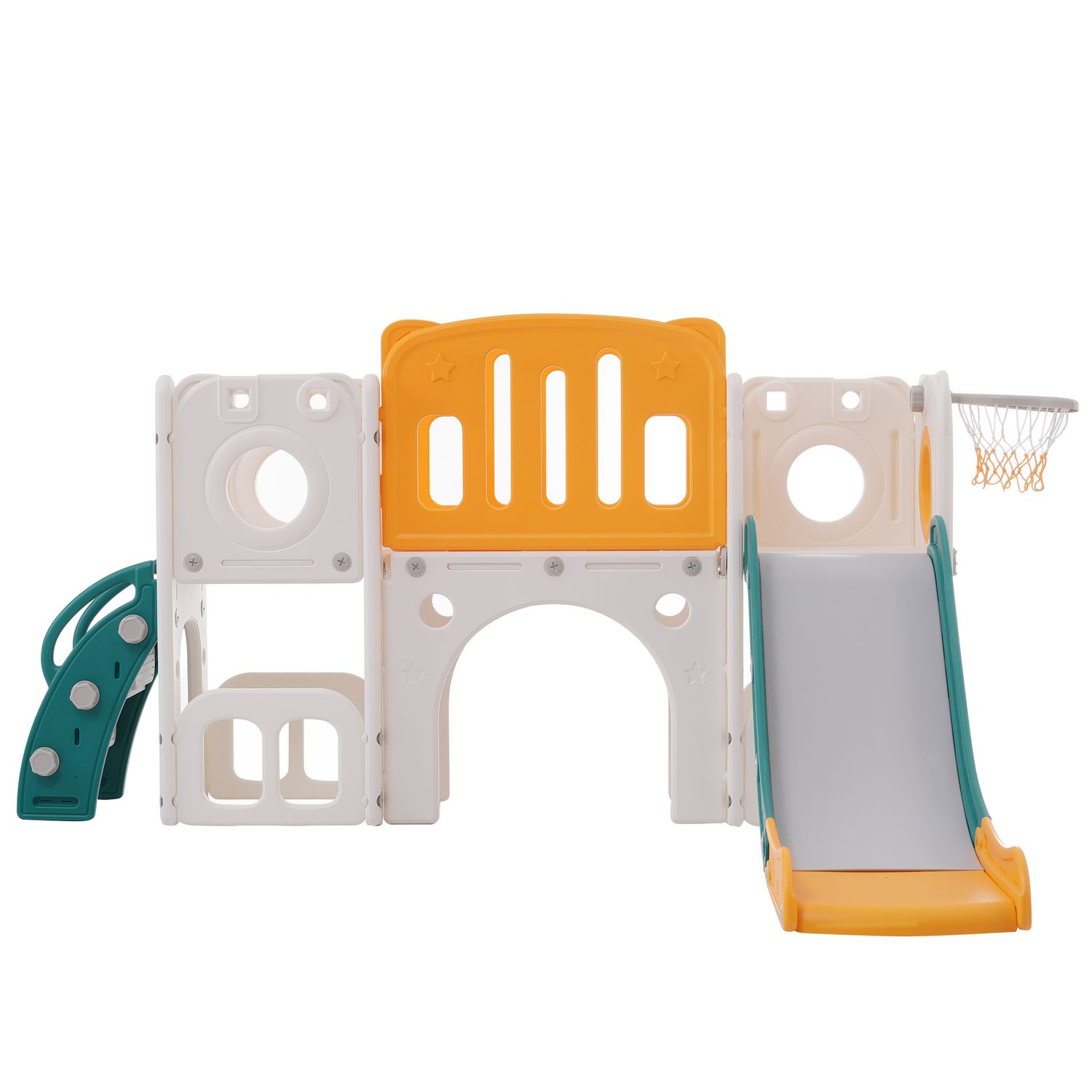 Tobogán Infantil 6 En 1 - Compuesto Por Tobogán, Canasta De Baloncesto, Escalera, Túnel Y Dos Espacios - Verde