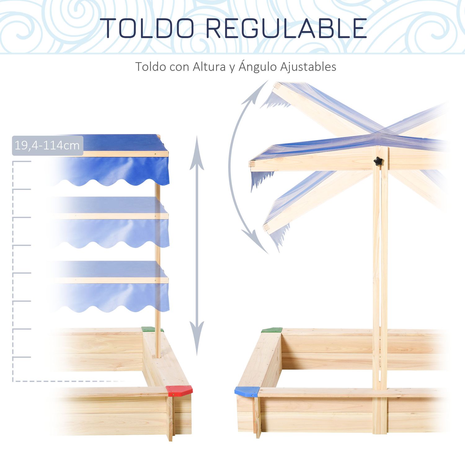 Arenero Para Niños Con Techo Ajustable Banco Madera Natural Outsunny