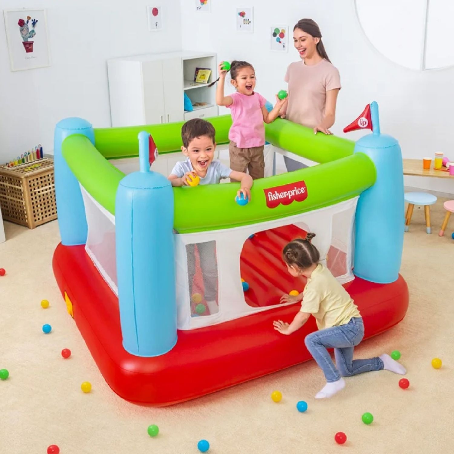 Saltador Hinchable Con 50 Bolas De Juego Bestway Bounce Sensational 175x173x135 Cm Multicolor Con Malla De Seguridad