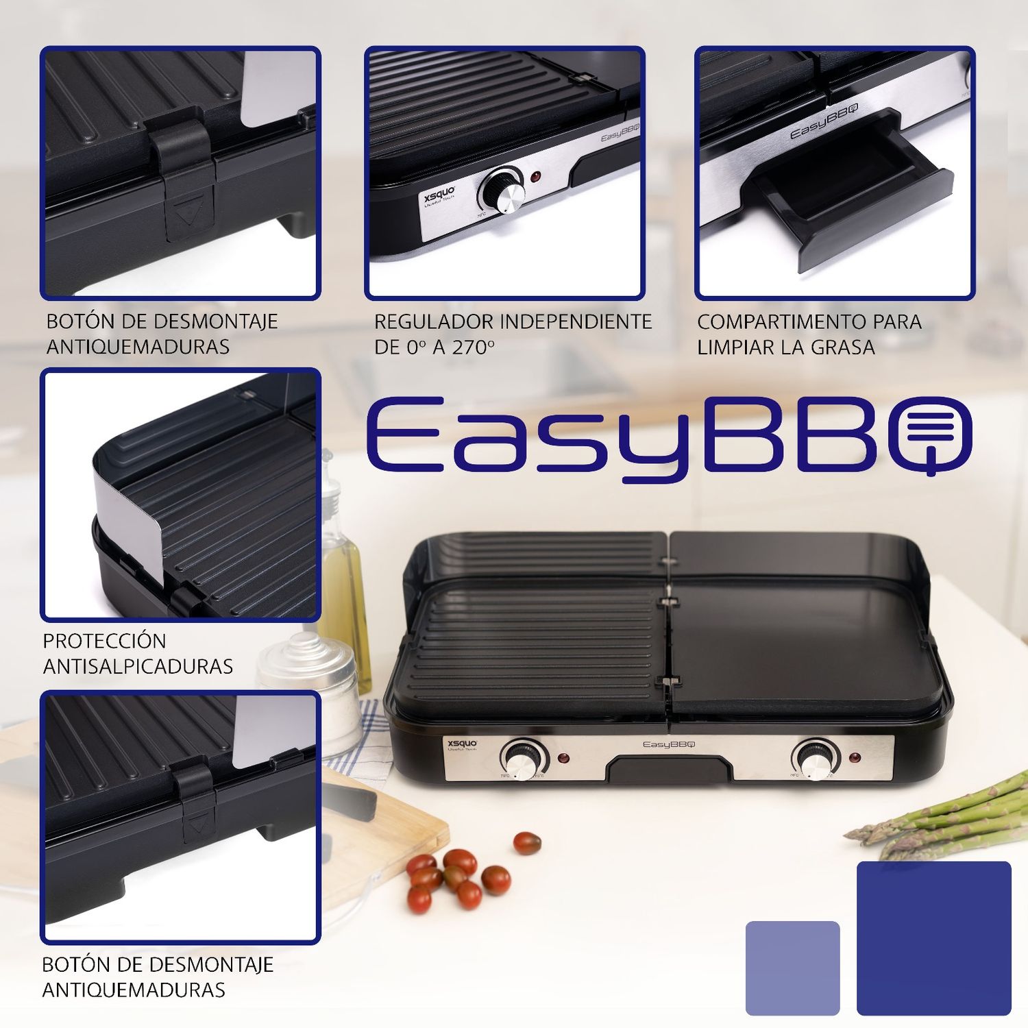 Easy Bbq Parrila Grill, Teppanyaki. Dos Zonas De Cocinado Independientes Conmbinan Pariila Y Plancha, Dos Placas De Aluminio Reversibles Y Antiadherentes Con Dos Termostatos Con Hasta 270º.