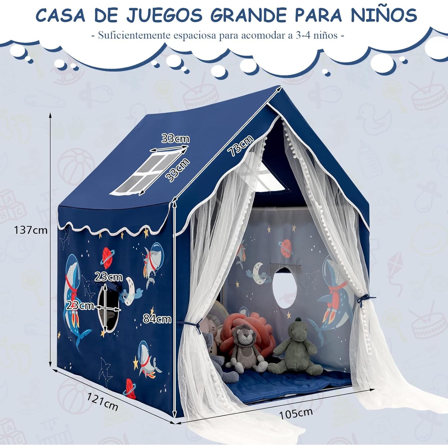 Tienda Campaña Infantil Costway  121 X 105 X 137 Cm Azul Ventanas De Malla Transpirable