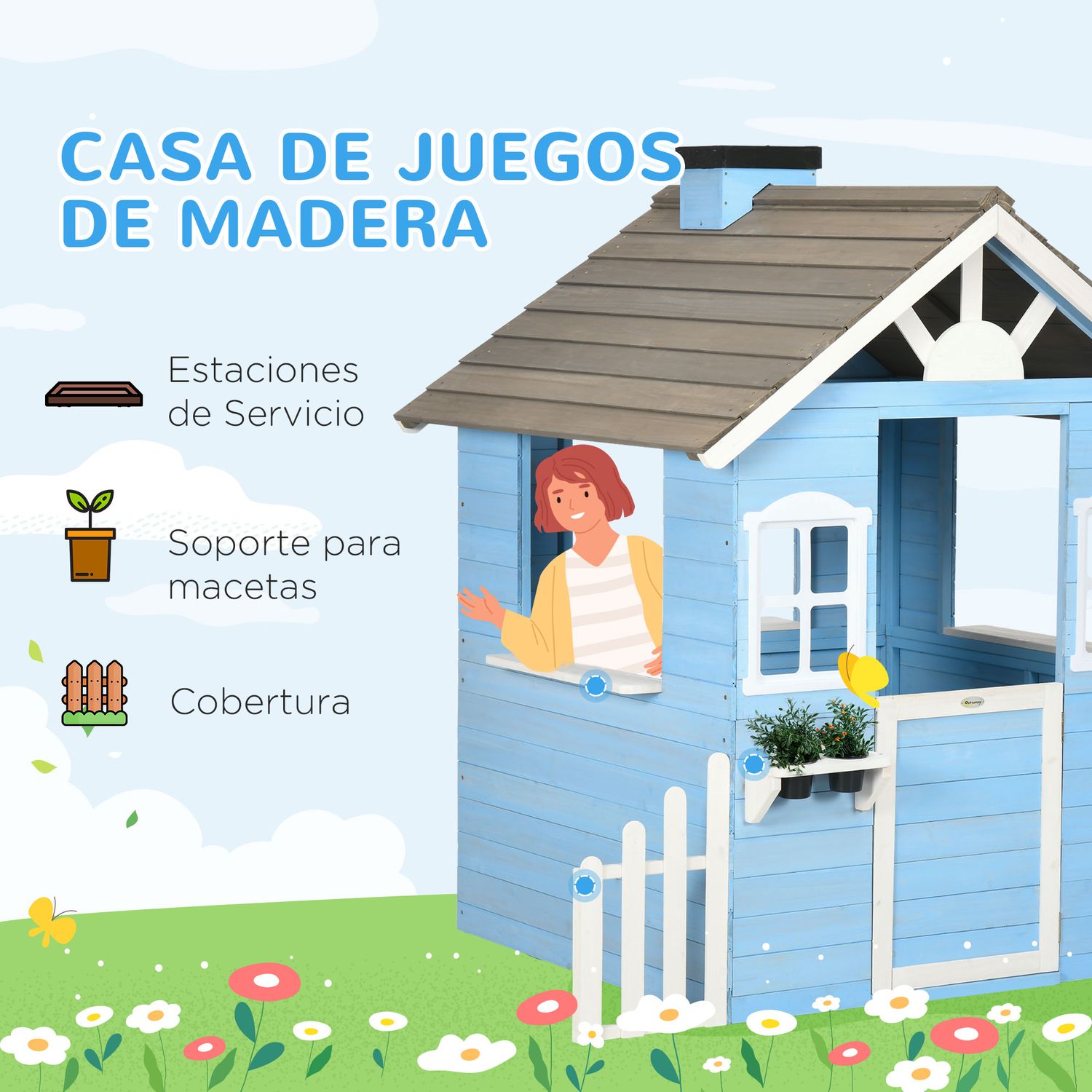 Casita Infantil De Madera Con Puerta Ventanas Macetas Azul Outsunny