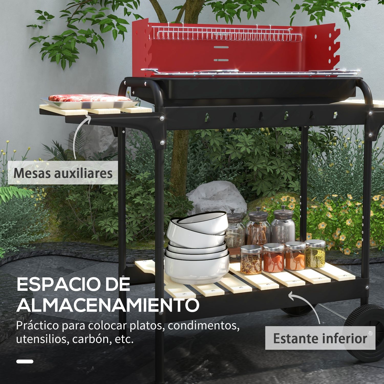Barbacoa De Carbón Outsunny Metal Pino, 103x47x95 Cm, Rojo Y Negro