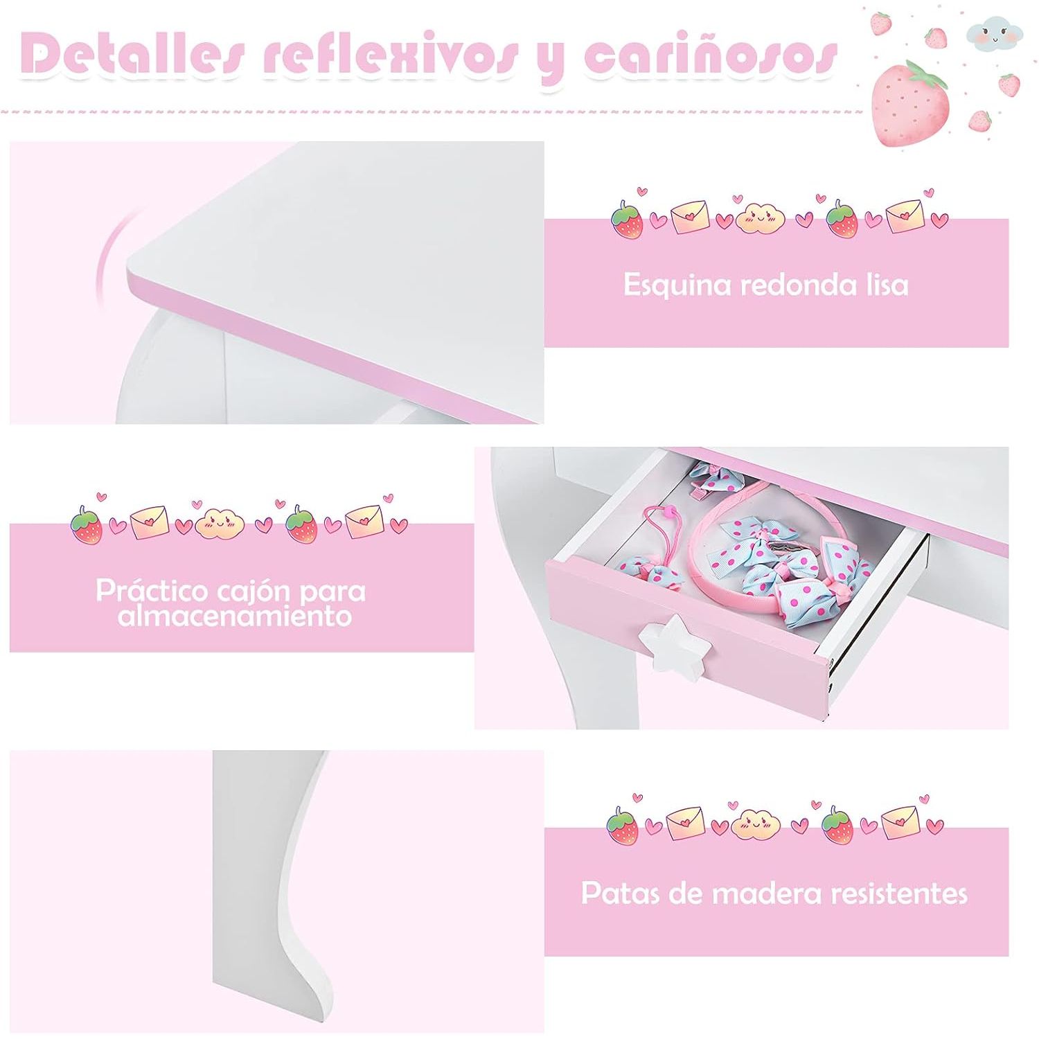 Tocador Infantil Con Taburete Y Espejo Mesa De Maquillaje Costway 49 X 34 X 90 Cm