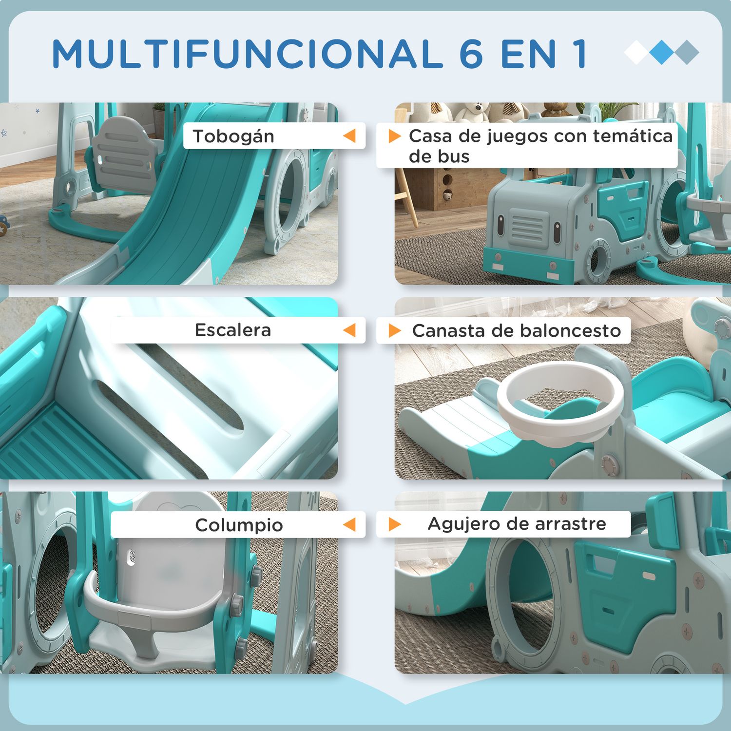 Juego De Tobogán Y Columpio Para Niños 6 En 1 Azul Claro Aiyaplay