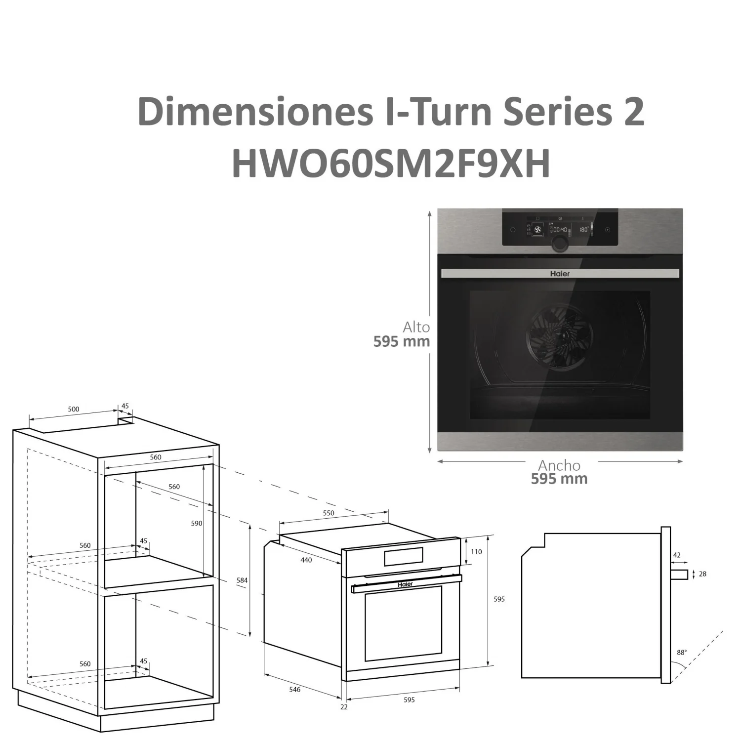 Horno Multifunción Haier HWO60SM2F9XH, 2600 W, 70 L, Apertura Abatible, 13 Funciones de Cocción, Eficiencia A+ - Inox
