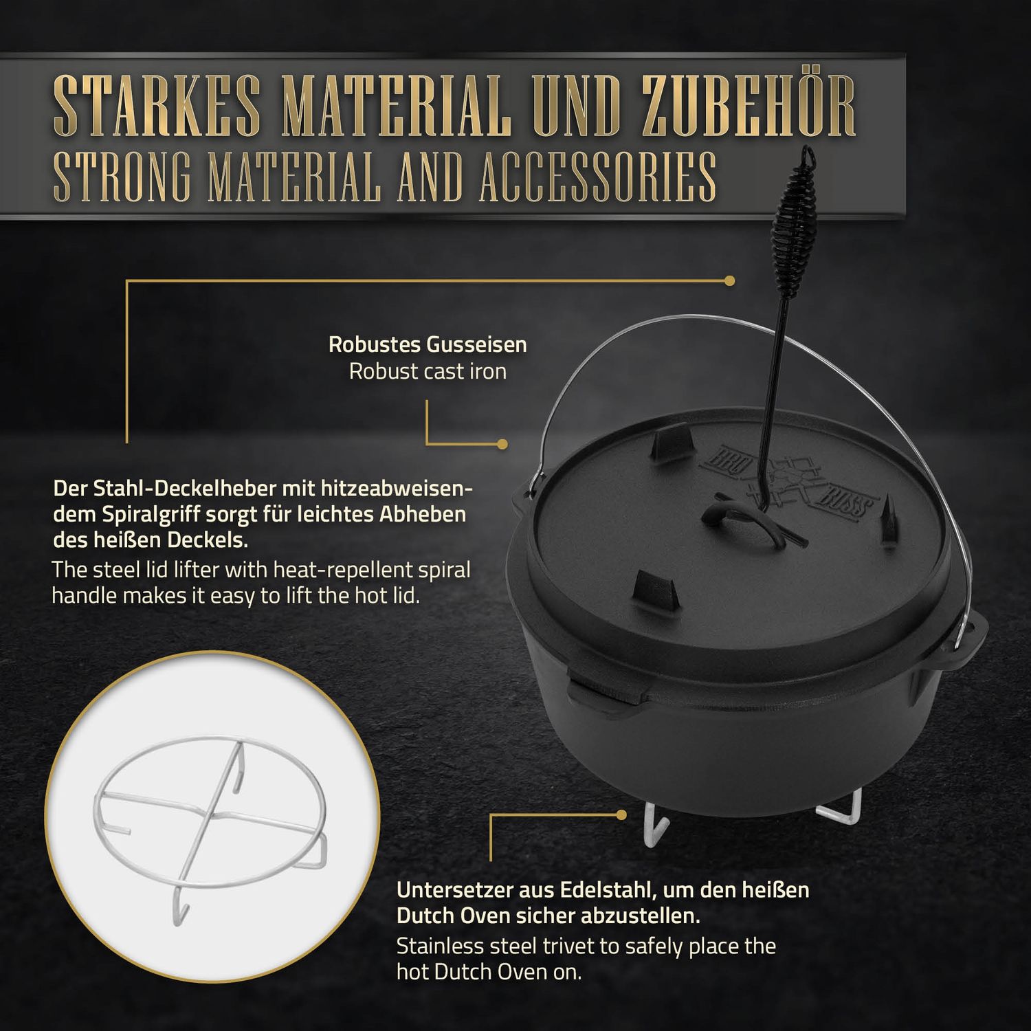 Dutch Oven Set Bbq 13.6l Negro Con Elevador De Tapa Y Trébede Bbq#boss