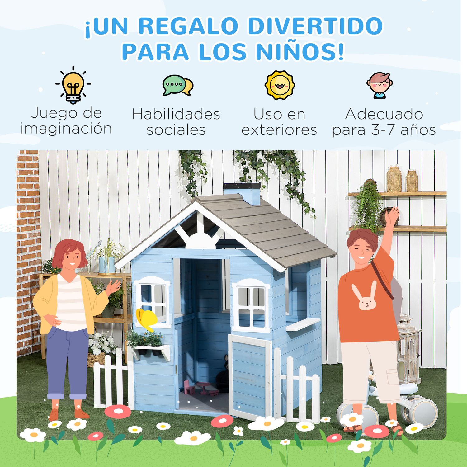 Casita Infantil De Madera Con Puerta Ventanas Macetas Azul Outsunny