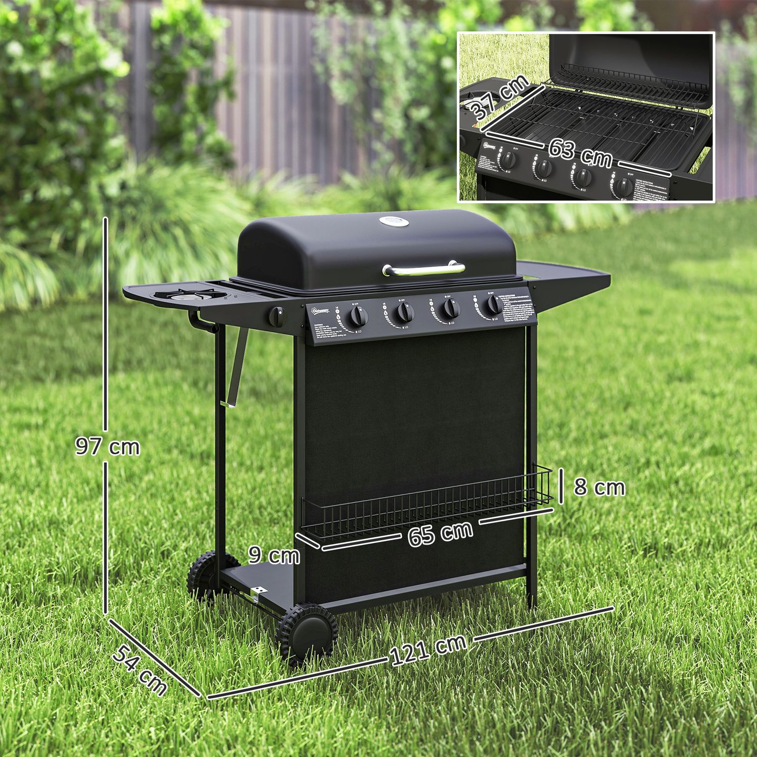 Barbacoa De Gas De Acero Abs 121x54x97 Cm-outsunny. Negro