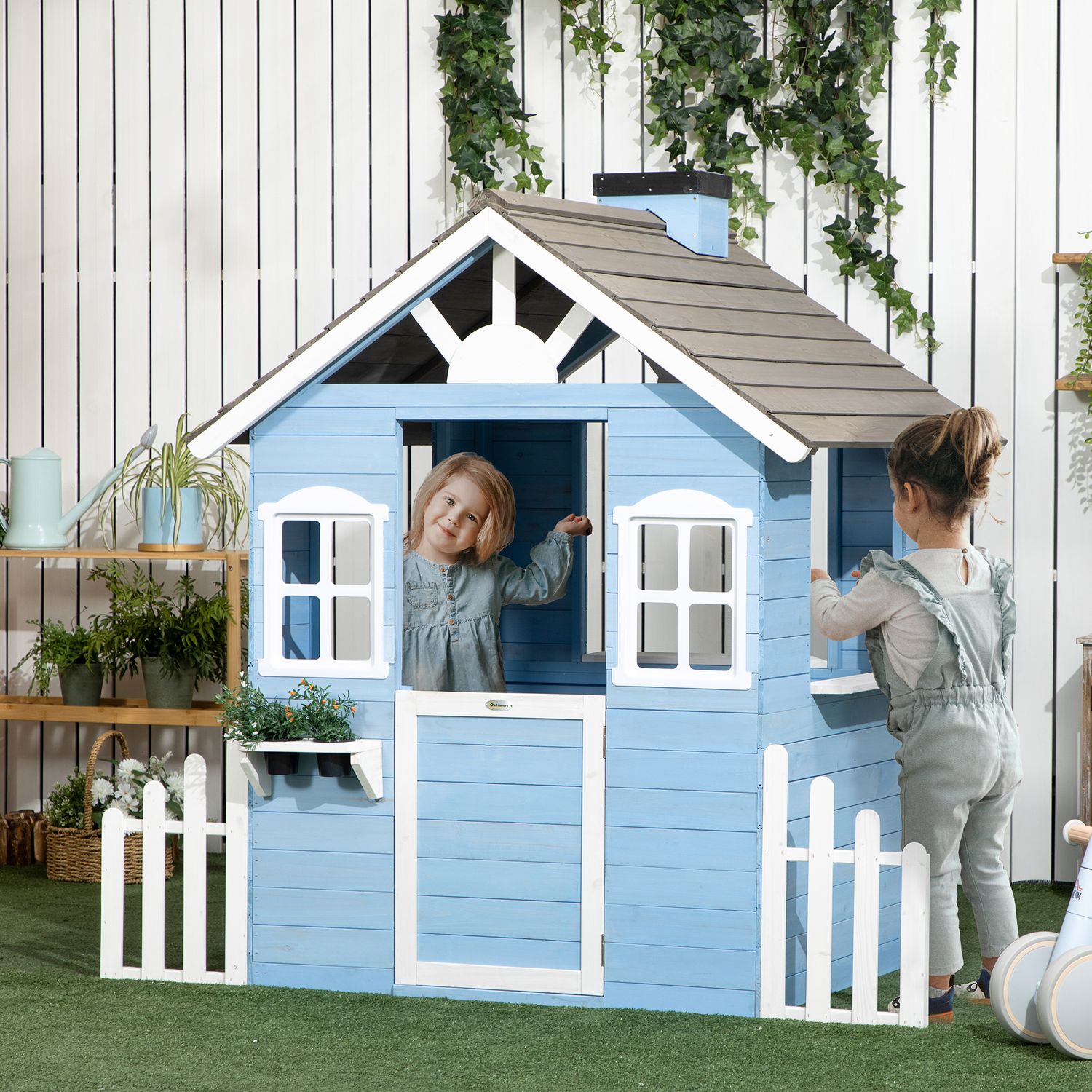 Casita Infantil De Madera Con Puerta Ventanas Macetas Azul Outsunny