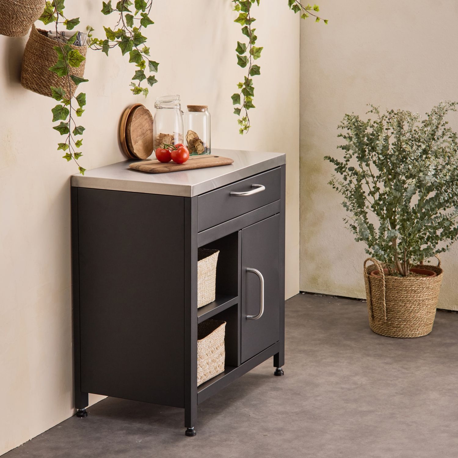 Cocina Exterior De Acero 1 Cajón Y 1 Puerta, 80cm, Negro