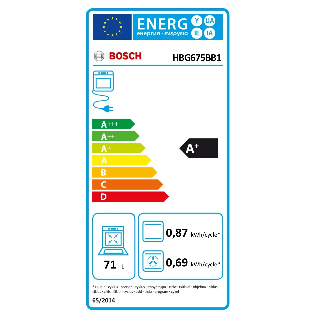 Horno Multifución Bosch  HBG675BB1, 3,6 kW, 71 L, Apertura Abatible, 13 Funciones de Cocción, Eficiencia A+ - Negro