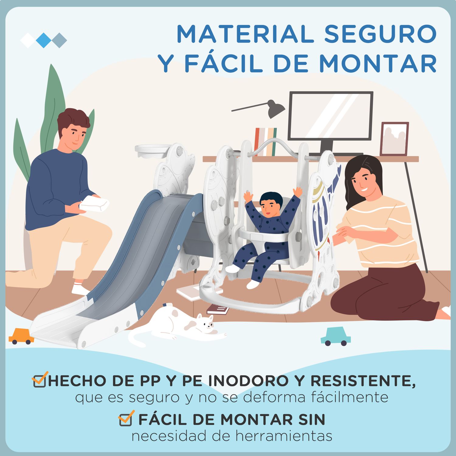 Juego De Tobogán Y Columpio Para Niños 3 En 1 Blanco Y Azul Aiyaplay