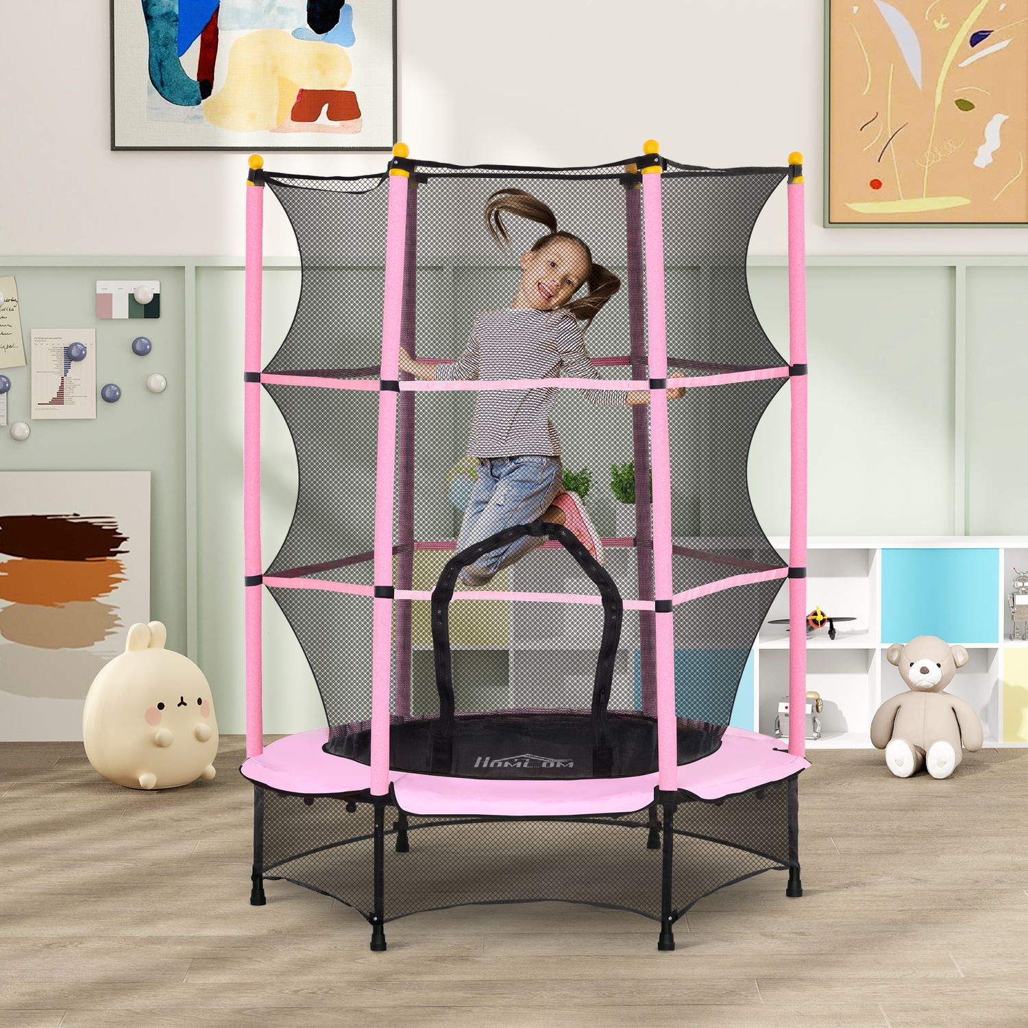 Cama Elástica Infantil Ø140 Cm Con Red De Seguridad Rosa Homcom