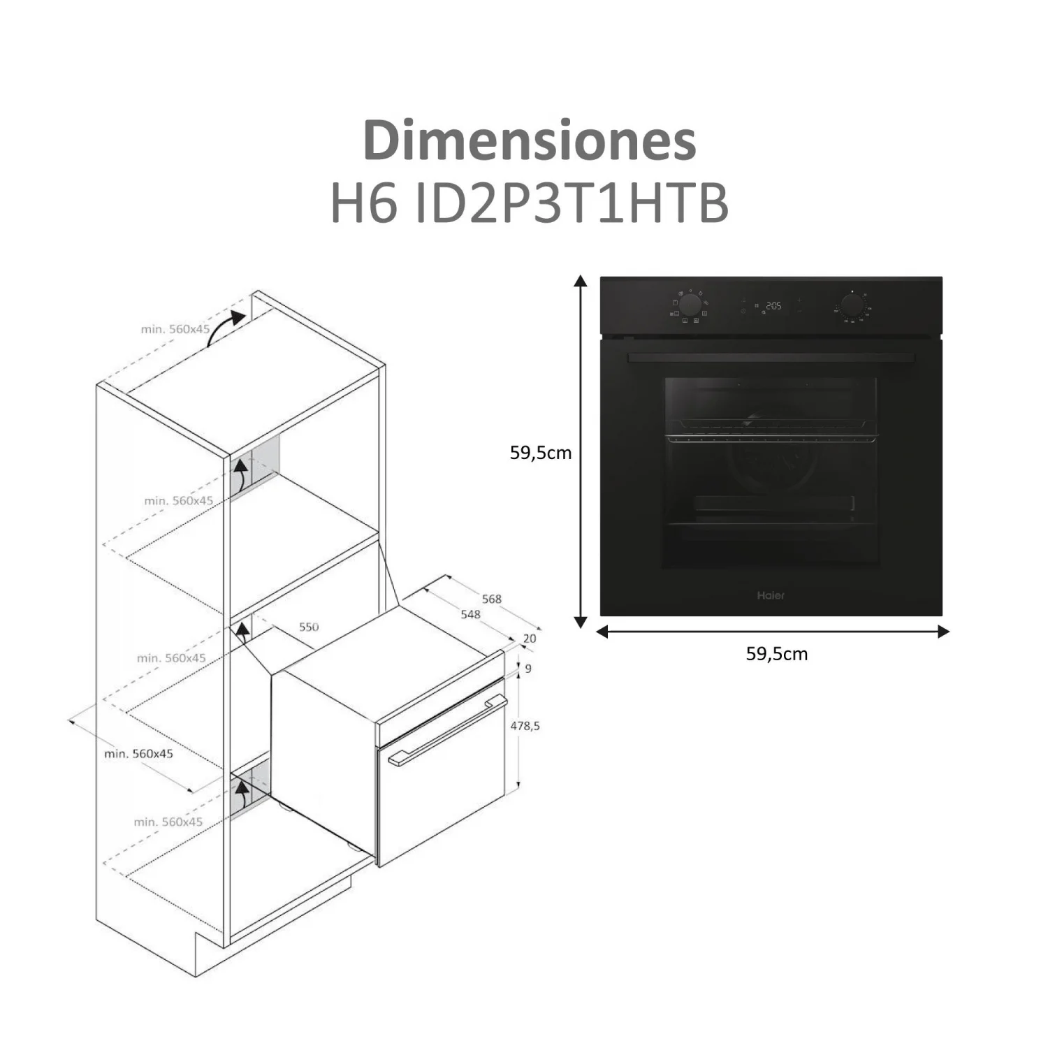 Horno Multifunción Haier H6 ID2P3T1HTB, 3.3 kW, 78 L, Apertura Abatible, 9 Funciones de Cocción, Eficiencia A+ - Negro
