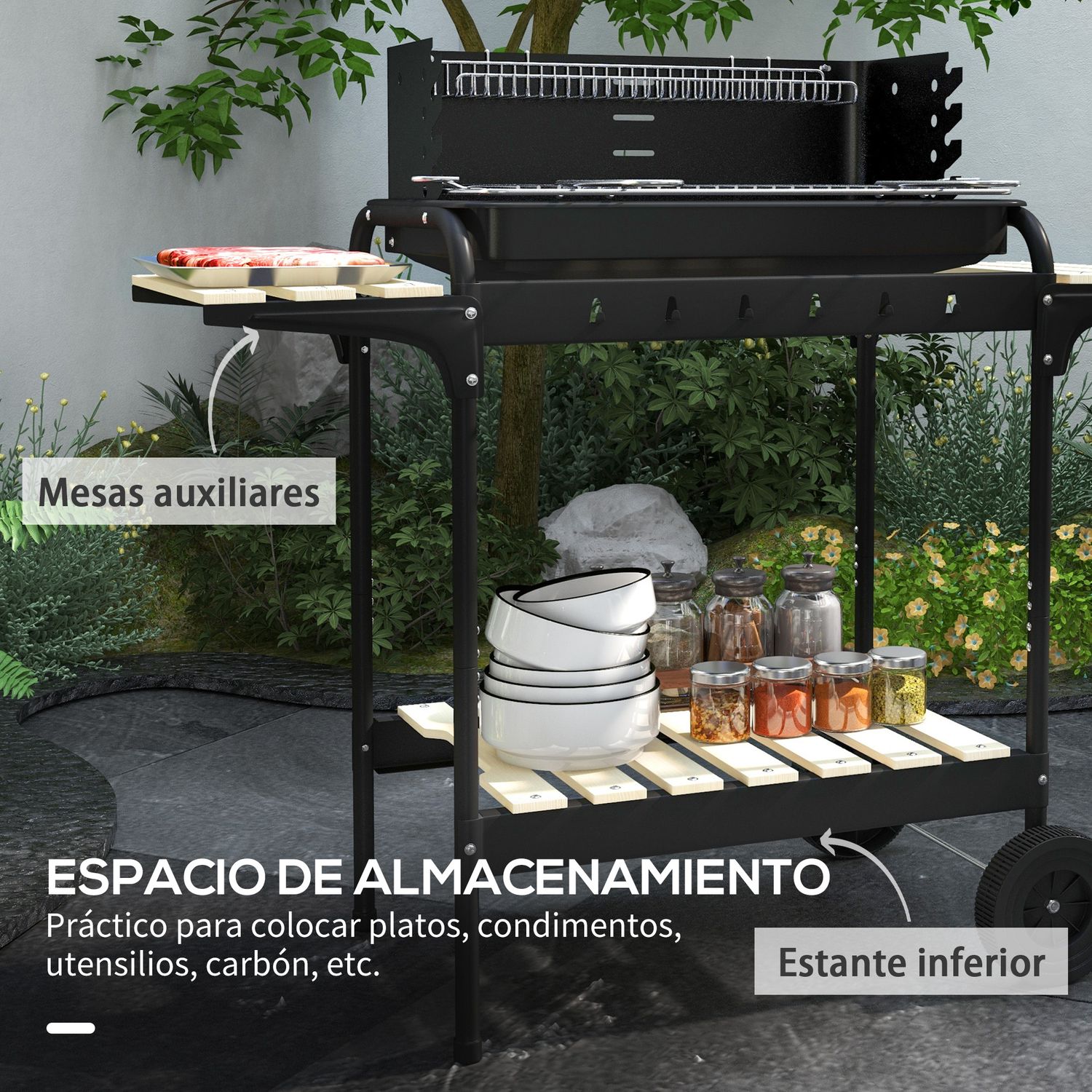 Barbacoa De Carbón Outsunny Metal Pino, 103x47x95 Cm, Negro