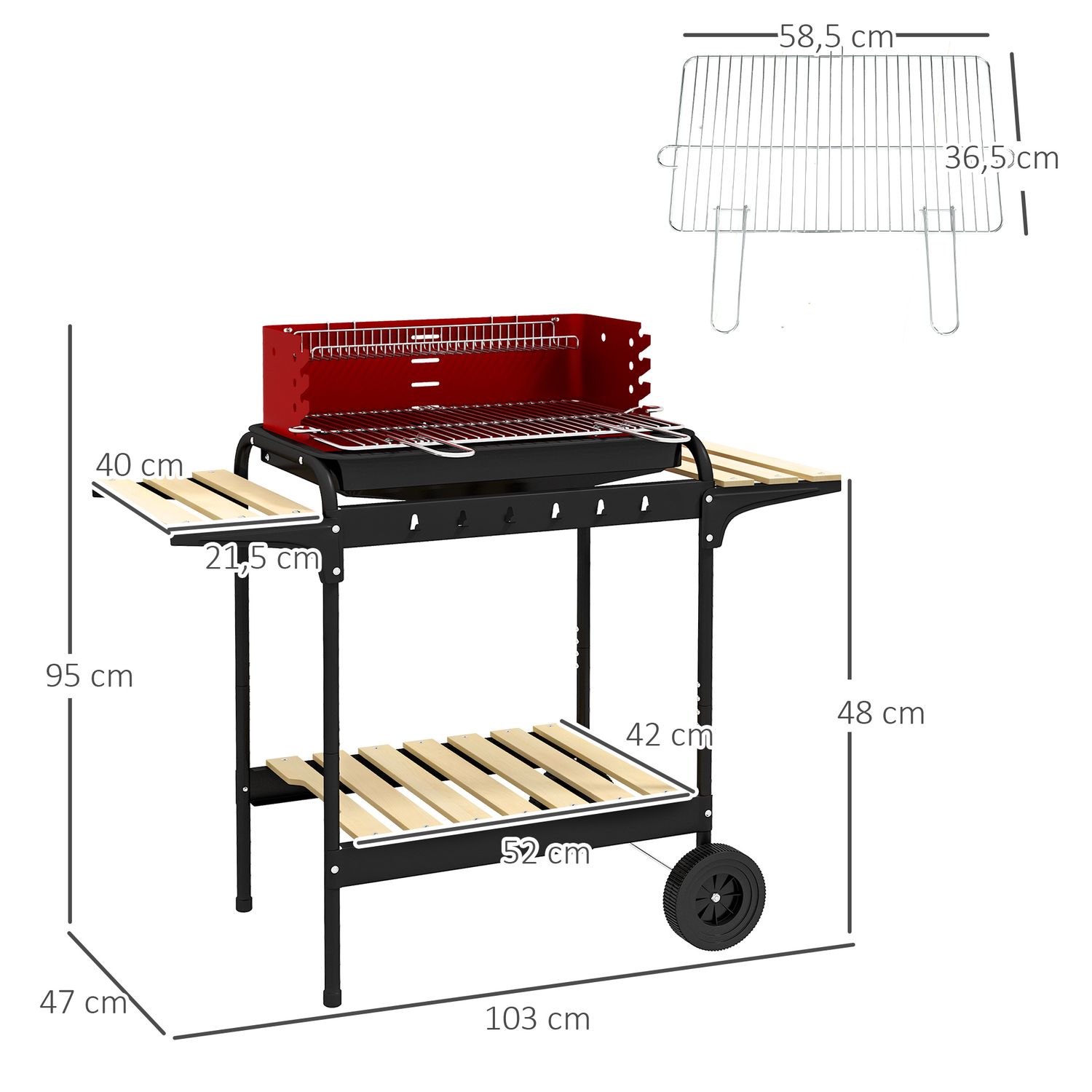Barbacoa De Carbón Outsunny Metal Pino, 103x47x95 Cm, Rojo Y Negro