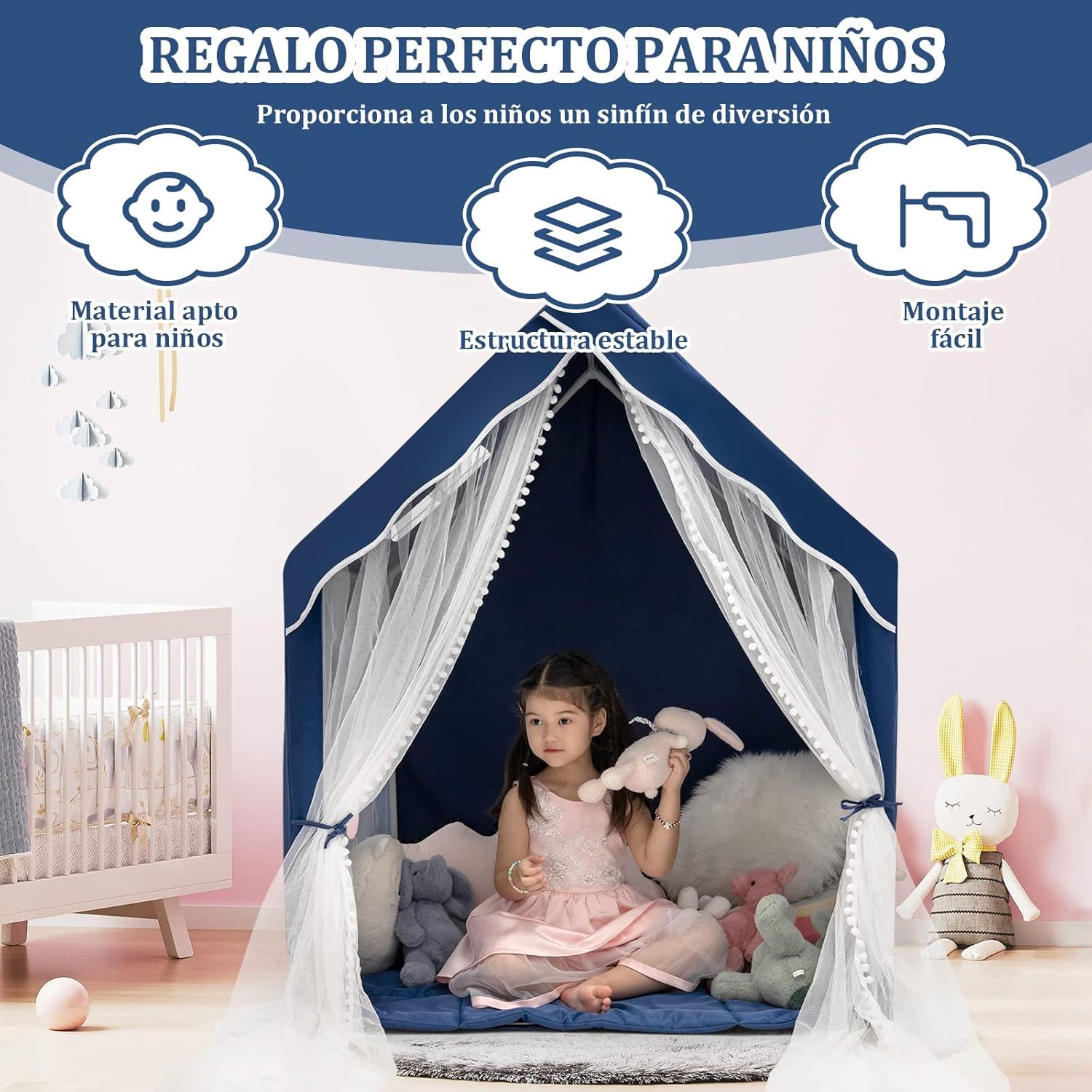 Tienda Campaña Infantil Costway  121 X 105 X 137 Cm Azul Ventanas De Malla Transpirable