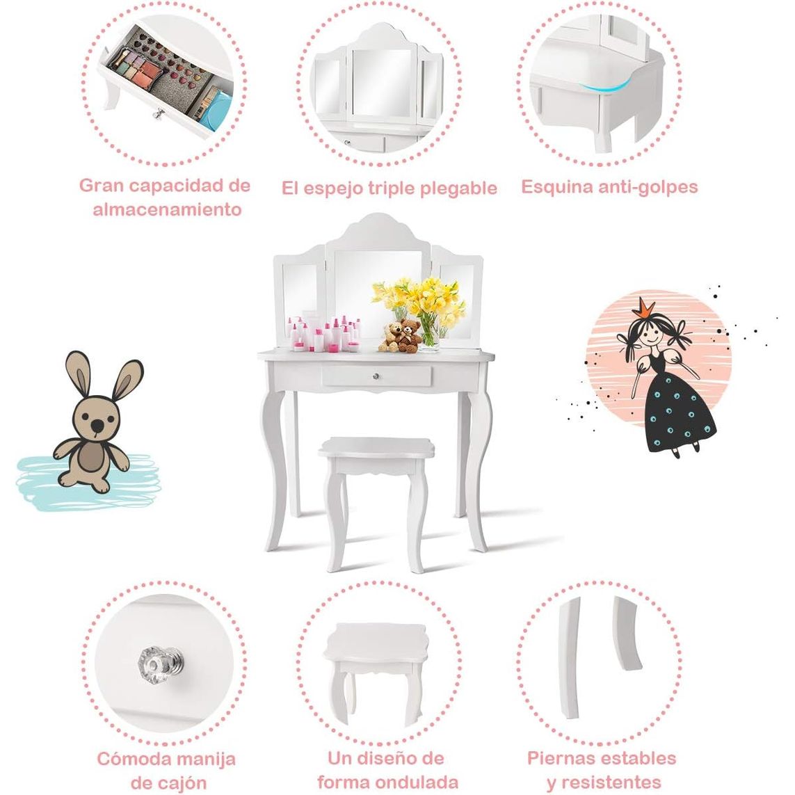 Tocador Con Taburete Y Espejo Para Niña De Mdf Y Madera Mesa De Maquillaje Con Cajón Costway 70 X 34 X 103 Cm