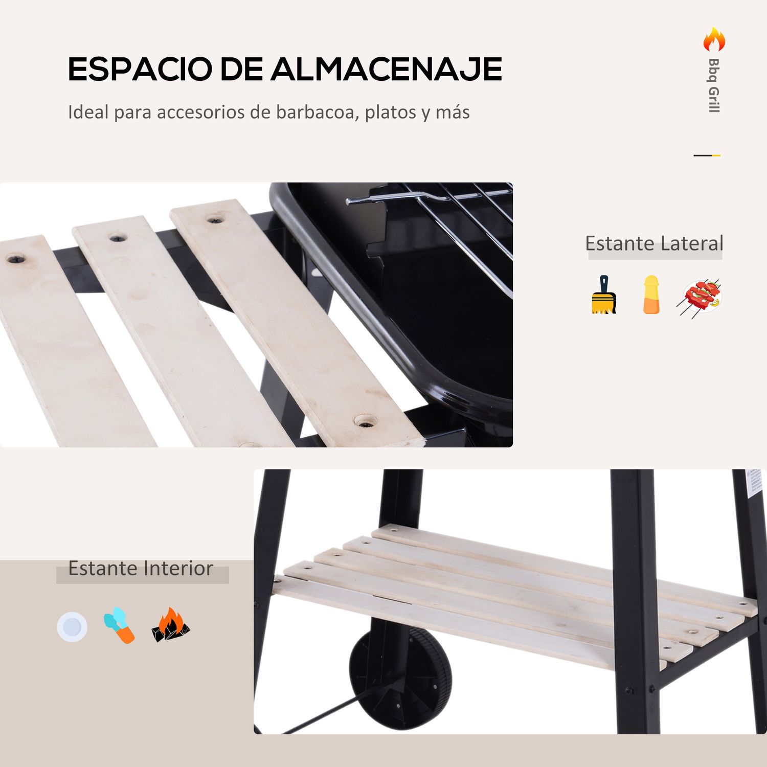 Barbacoa De Carbón Bbq Con Ruedas Y Estante Outsunny 83x37x87cm Negro