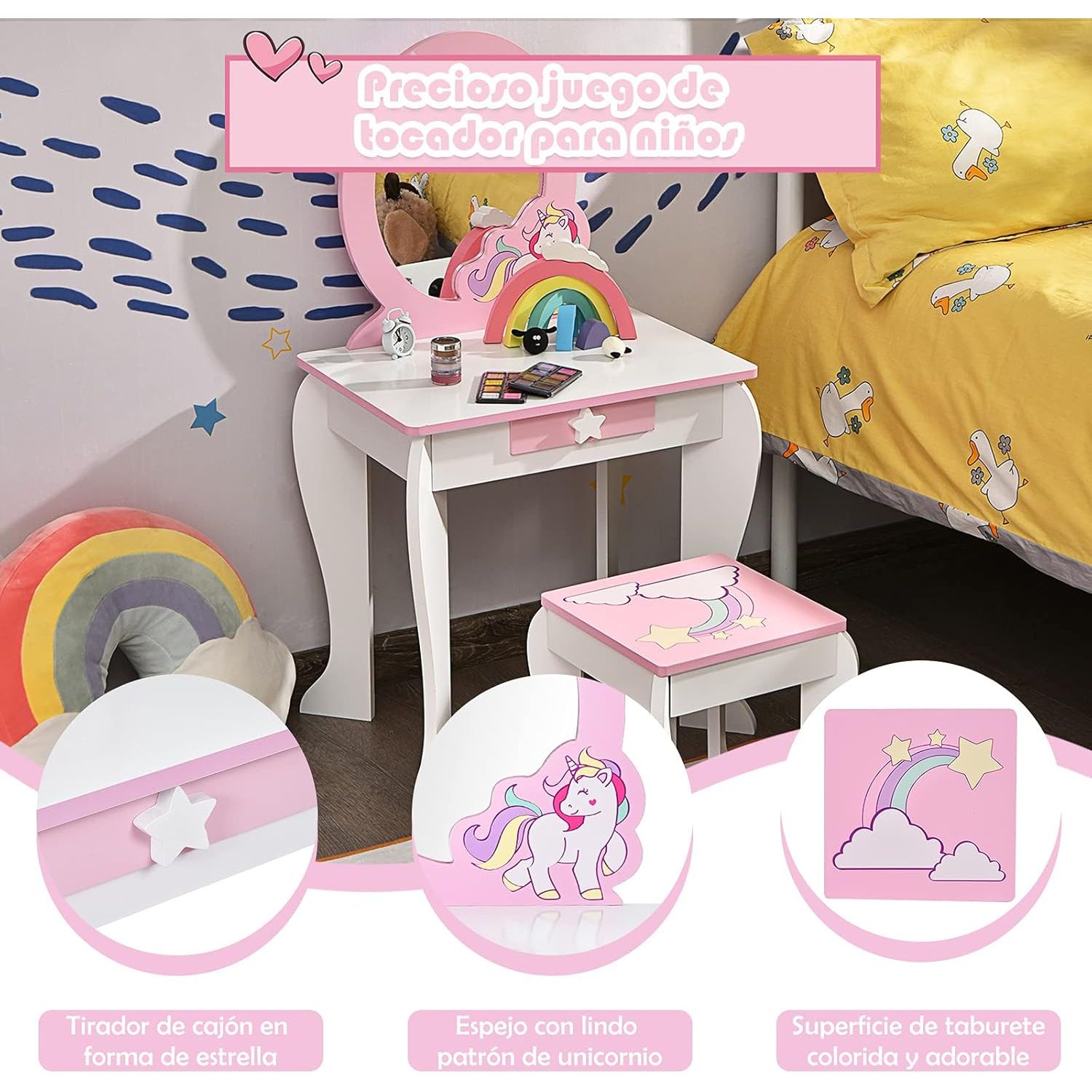 Tocador Infantil Con Taburete Y Espejo Mesa De Maquillaje Costway 49 X 34 X 90 Cm