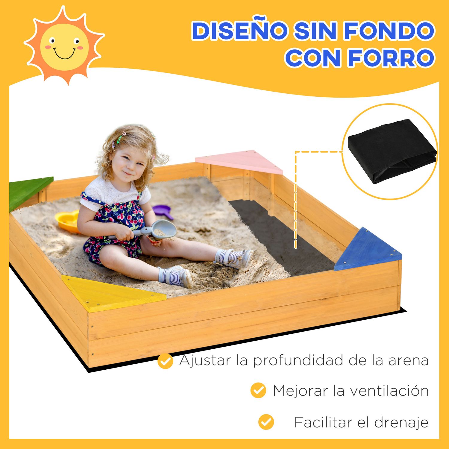 Arenero Infantil Outsunny Madera De Abeto 109x109x19,8 Cm Natural