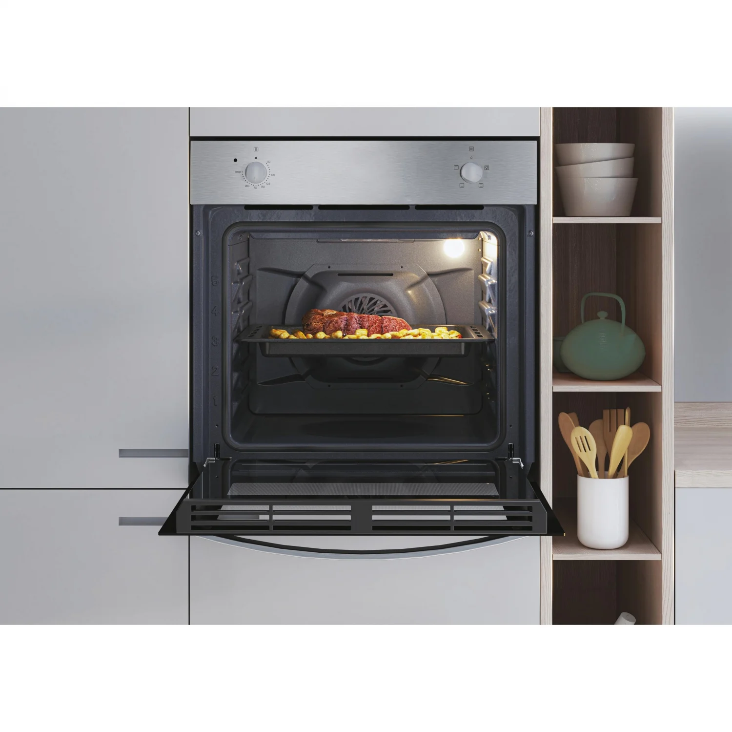 Horno Convencional Candy FIDCP X200, 2100 W, 70 L, Apertura Abatible, 3 Funciones de Cocción, Eficiencia A - Inox