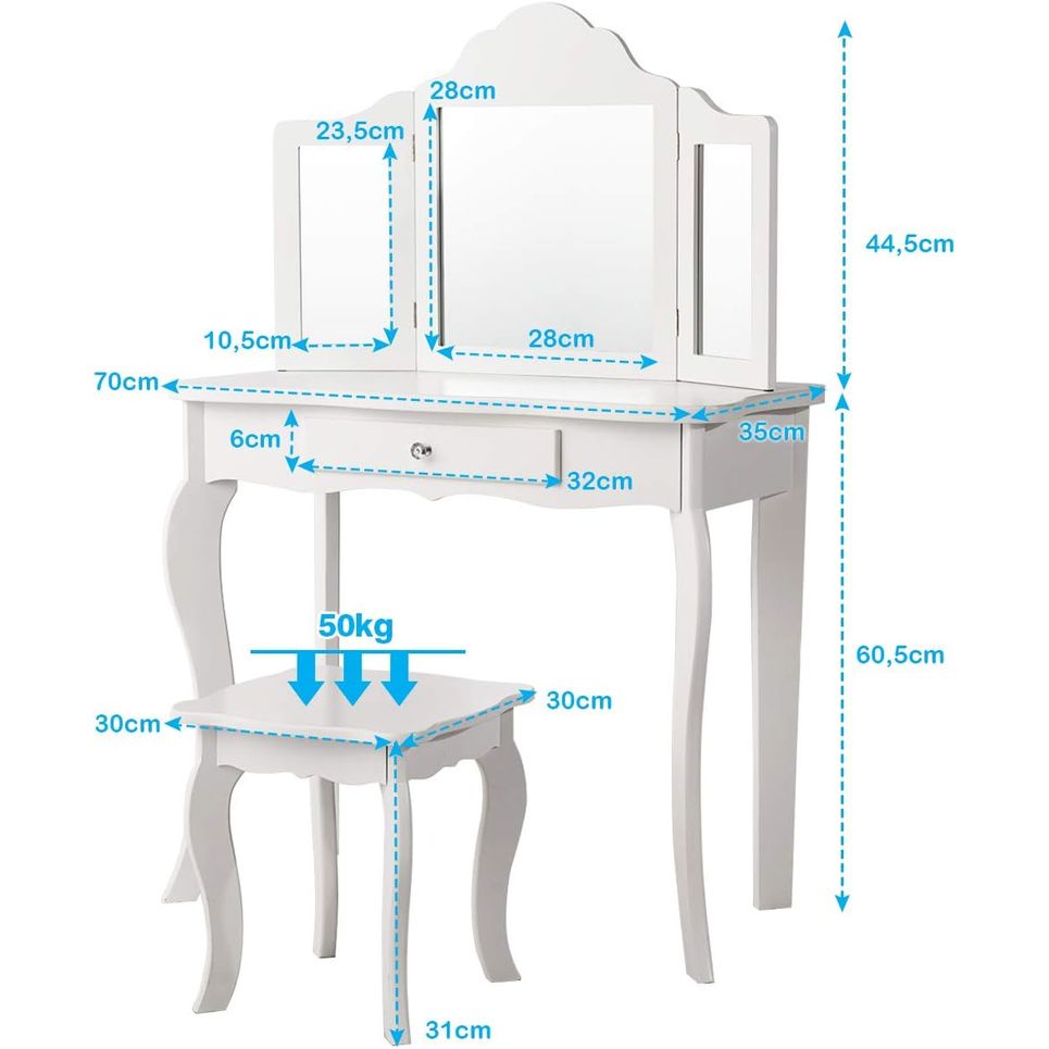 Tocador Con Taburete Y Espejo Para Niña De Mdf Y Madera Mesa De Maquillaje Con Cajón Costway 70 X 34 X 103 Cm