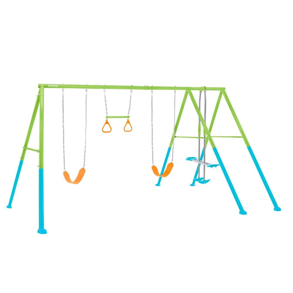 Columpio De Metal Infantil Doble Para Jardín Con Balancín Y Trapecio 467x254x211 Cm, Ajustable En Altura - Intex, Azul, Verde Y Naranja