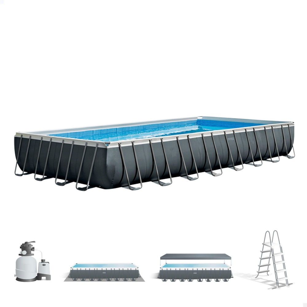 Piscina Desmontable Tubular Rectangular Pvc 975x488x132 Cm Gris Oscuro Intex Con Depuradora