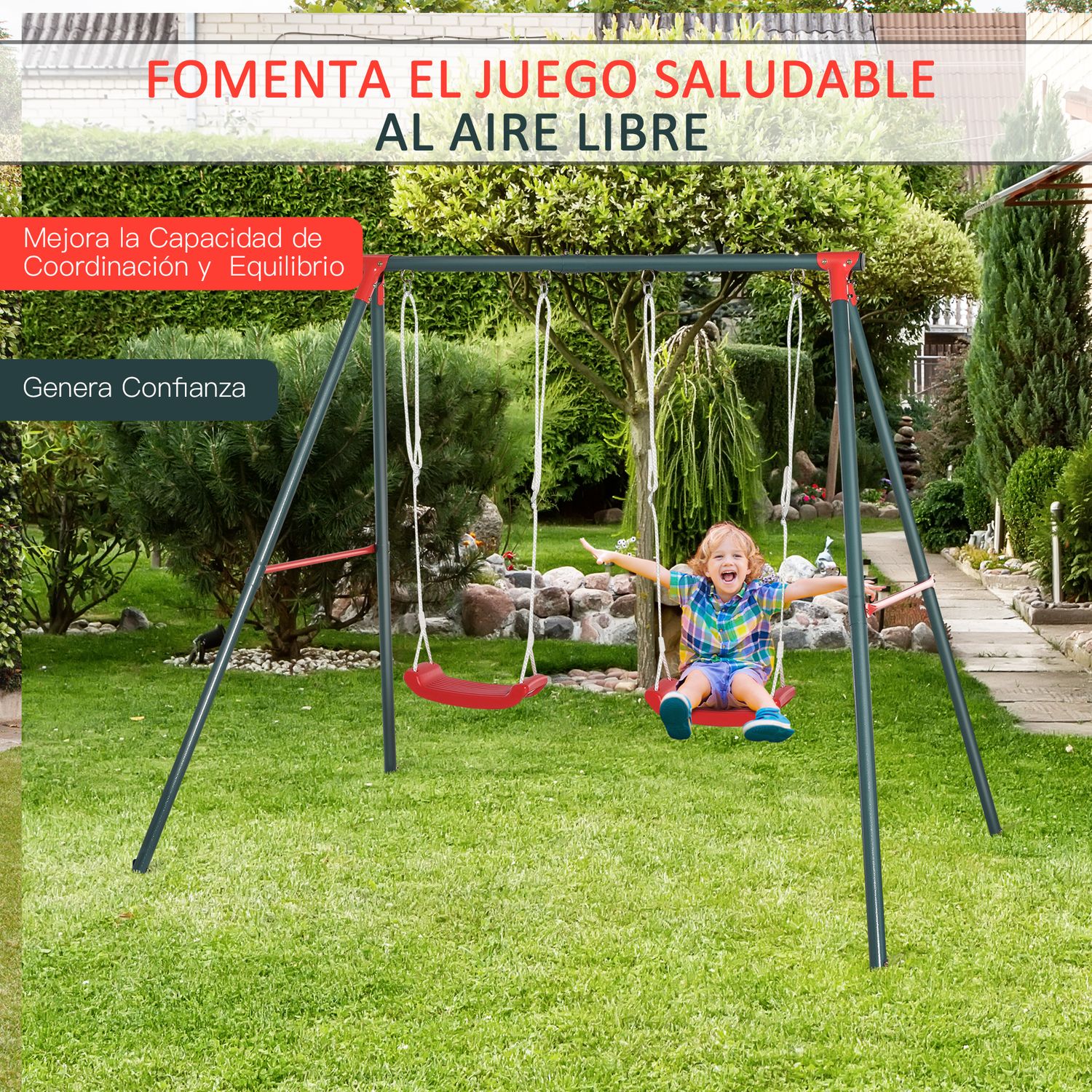 Columpio Doble Infantil Con Soporte Para +3 Años Verde Rojo Outsunny