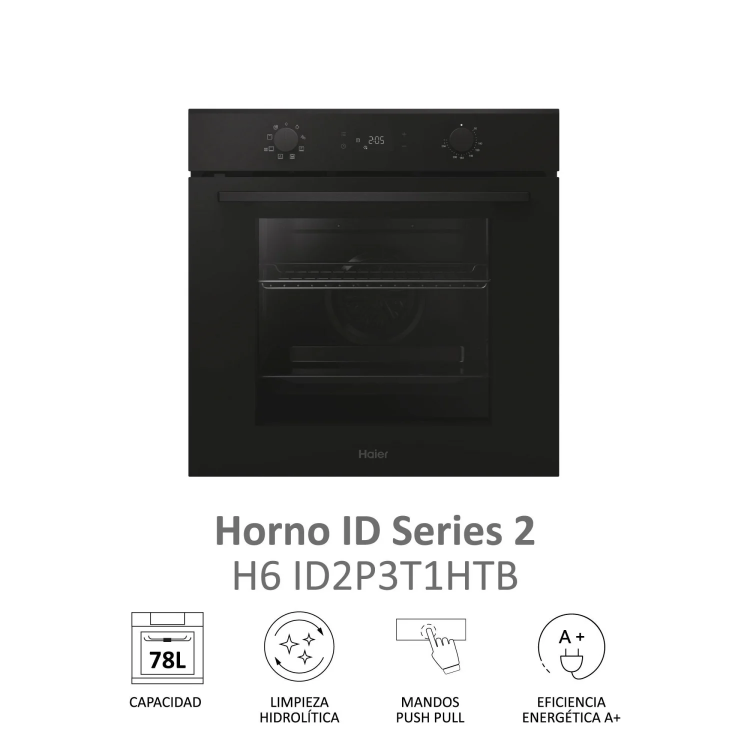 Horno Multifunción Haier H6 ID2P3T1HTB, 3.3 kW, 78 L, Apertura Abatible, 9 Funciones de Cocción, Eficiencia A+ - Negro
