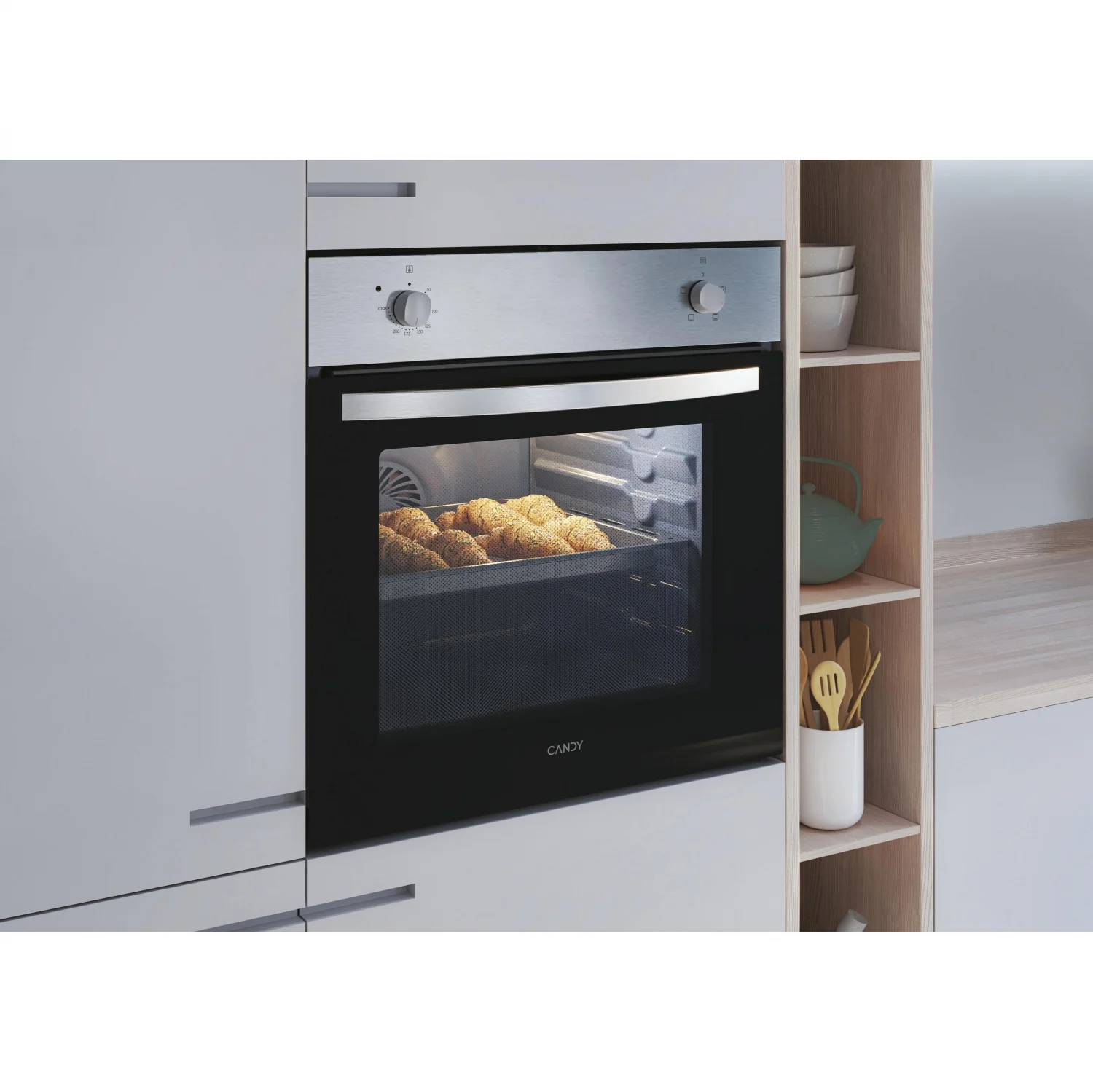 Horno Convencional Candy FIDCP X200, 2100 W, 70 L, Apertura Abatible, 3 Funciones de Cocción, Eficiencia A - Inox