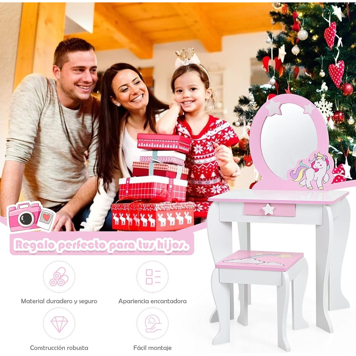 Tocador Infantil Con Taburete Y Espejo Mesa De Maquillaje Costway 49 X 34 X 90 Cm