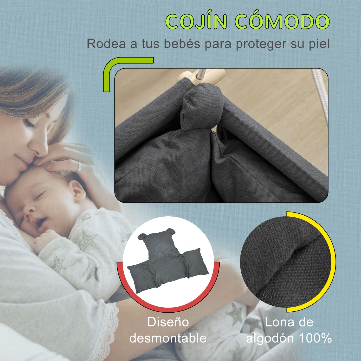 Columpio Para Bebés Con Cuerdas Ajustables Gris Oscuro Aiyaplay