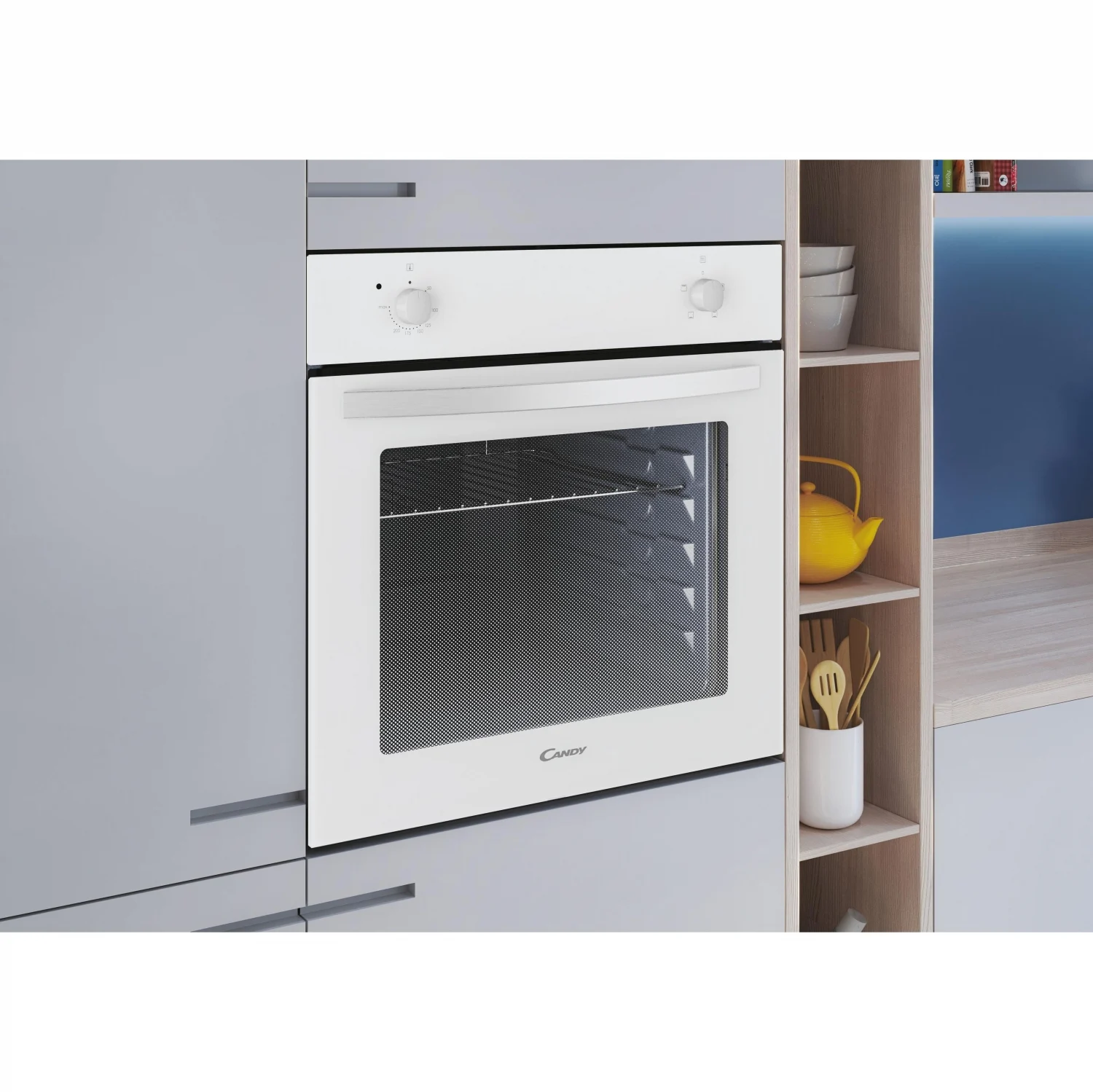 Horno Convencional Candy FIDC B100, 2100 W, 70 L, Apertura Abatible, 3 Funciones de Cocción, Eficiencia A - Blanco