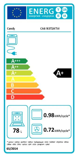 Horno Multifunción Candy CA6 N3T1HTW, 3.3 kW, 78 L, Apertura Abatible, 9 Funciones de Cocción, Eficiencia A+ - Blanco